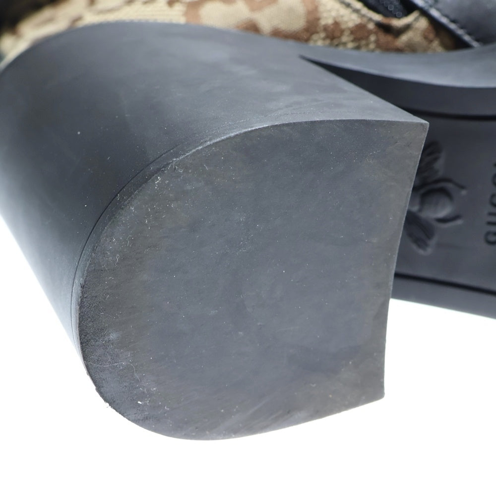 GUCCI(グッチ) GGマーモント ロゴプレート レザー キャンバス レースアップ ヒール ショートブーツ シューズ ブラック/ベージュ レディース 719849