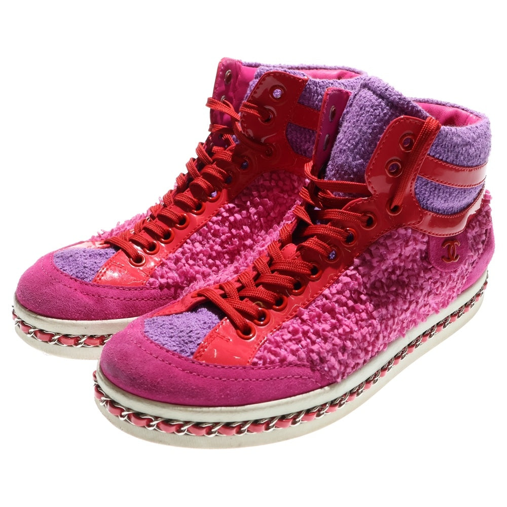 CHANEL(シャネル) ココマーク ロゴプレート ツイード パテントレザー チェーン ニット レースアップ ハイカットシューズ スニーカー ピンク G35600