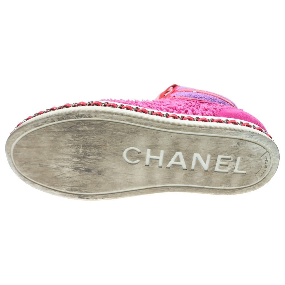 CHANEL(シャネル) ココマーク ロゴプレート ツイード パテントレザー チェーン ニット レースアップ ハイカットシューズ スニーカー ピンク G35600