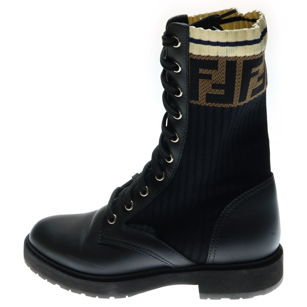 FENDI(フェンディ) ロココ ズッカ柄 ニット レザー レースアップ ロングブーツ シューズ ブラック/ブラウン レディース