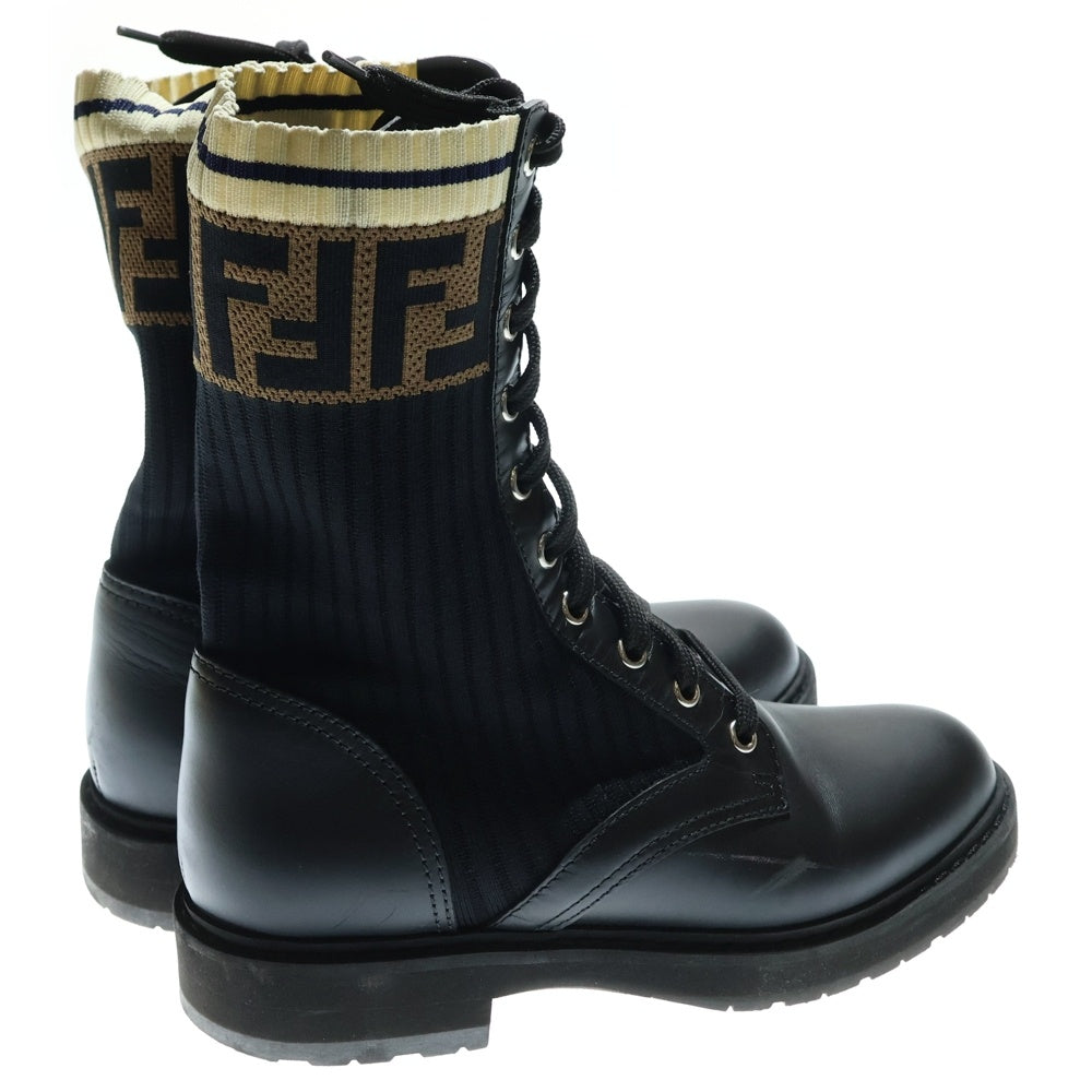 FENDI(フェンディ) ロココ ズッカ柄 ニット レザー レースアップ ロングブーツ シューズ ブラック/ブラウン レディース