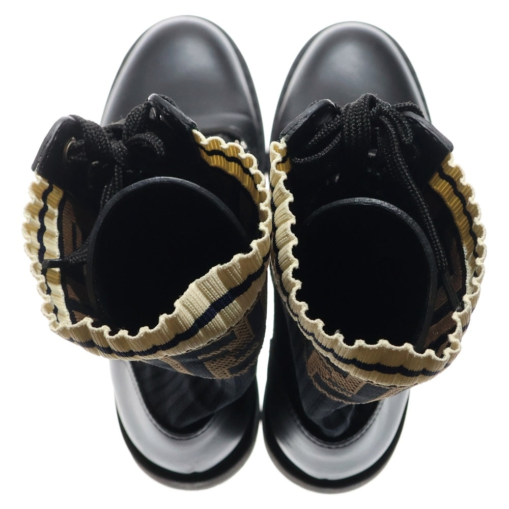 FENDI(フェンディ) ロココ ズッカ柄 ニット レザー レースアップ ロングブーツ シューズ ブラック/ブラウン レディース