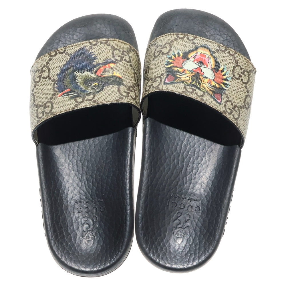 GUCCI(グッチ) GGスプリーム タイガー ウルフ プリント スライド フラットサンダル ベージュ/ブラック キッズ 508806