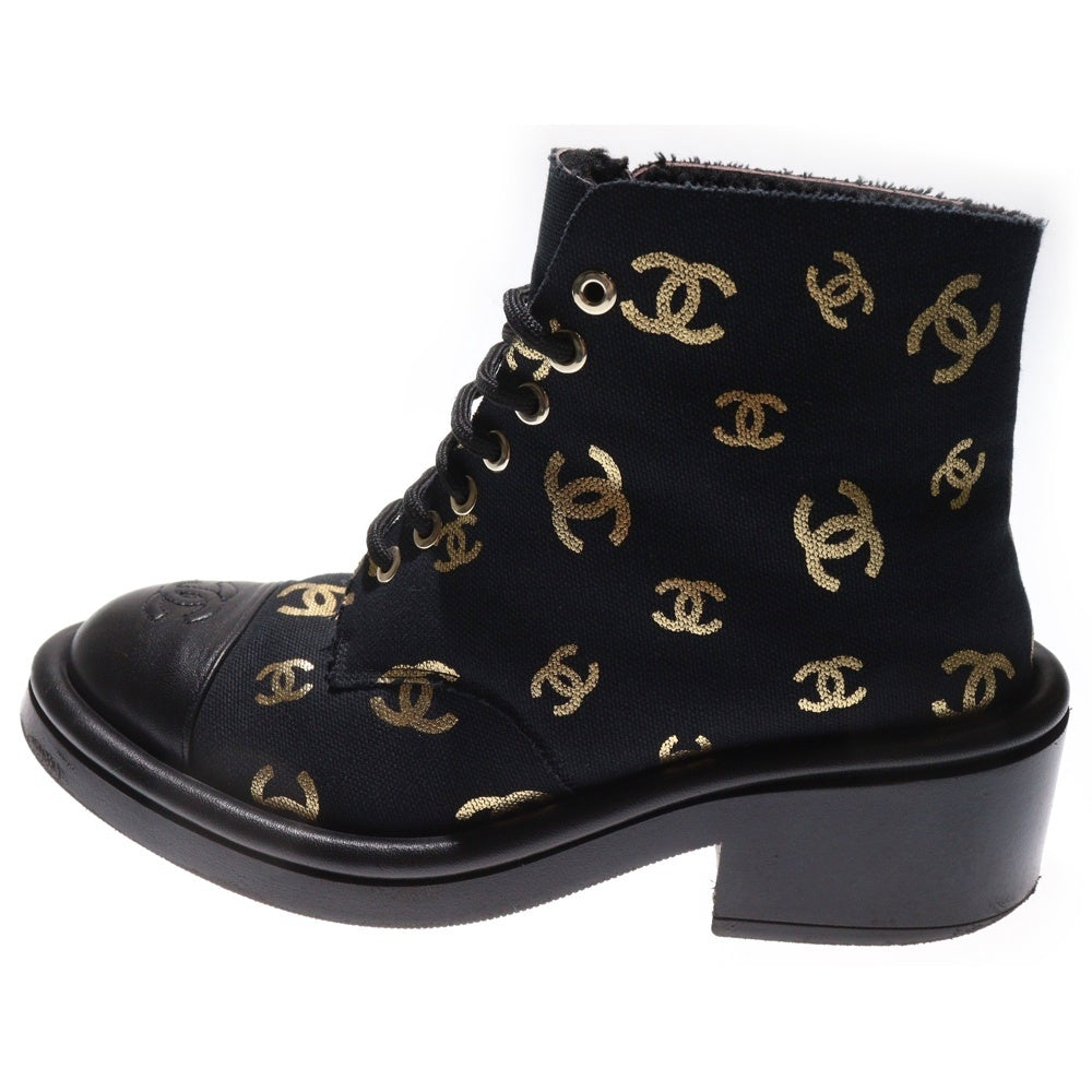 CHANEL(シャネル) ココマーク ロゴプリント レザー キャンバス ボアライニング レースアップ ハイカットシューズ ブーツ ブラック/ゴールド レディース G39093