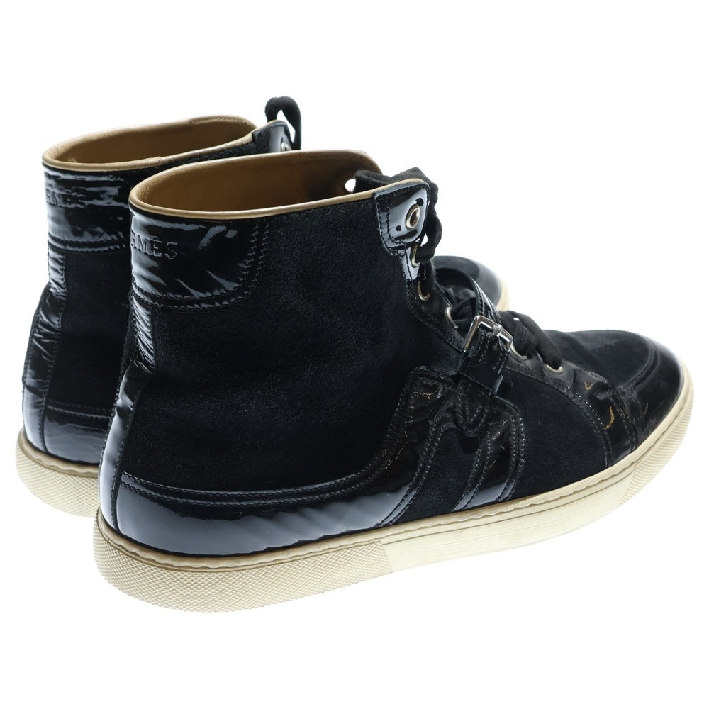 HERMES(エルメス) エクスリブリス ワッペンロゴ パテント スエード コンビレザー レースアップ ハイカットシューズ スニーカー ブラック