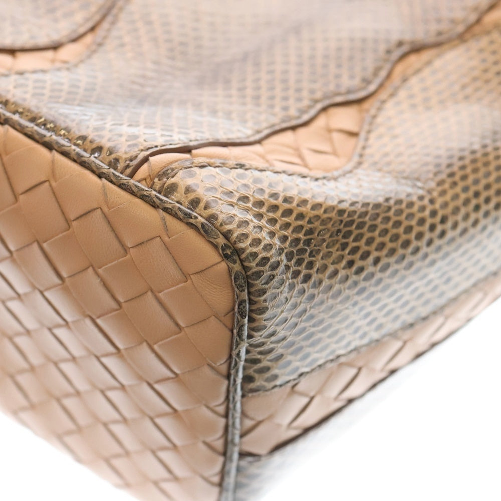 BOTTEGA VENETA(ボッテガヴェネタ) イントレチャート ハンドバッグ ワンショルダーバッグ ピンクベージュ レザー×パイソン ブラック金具