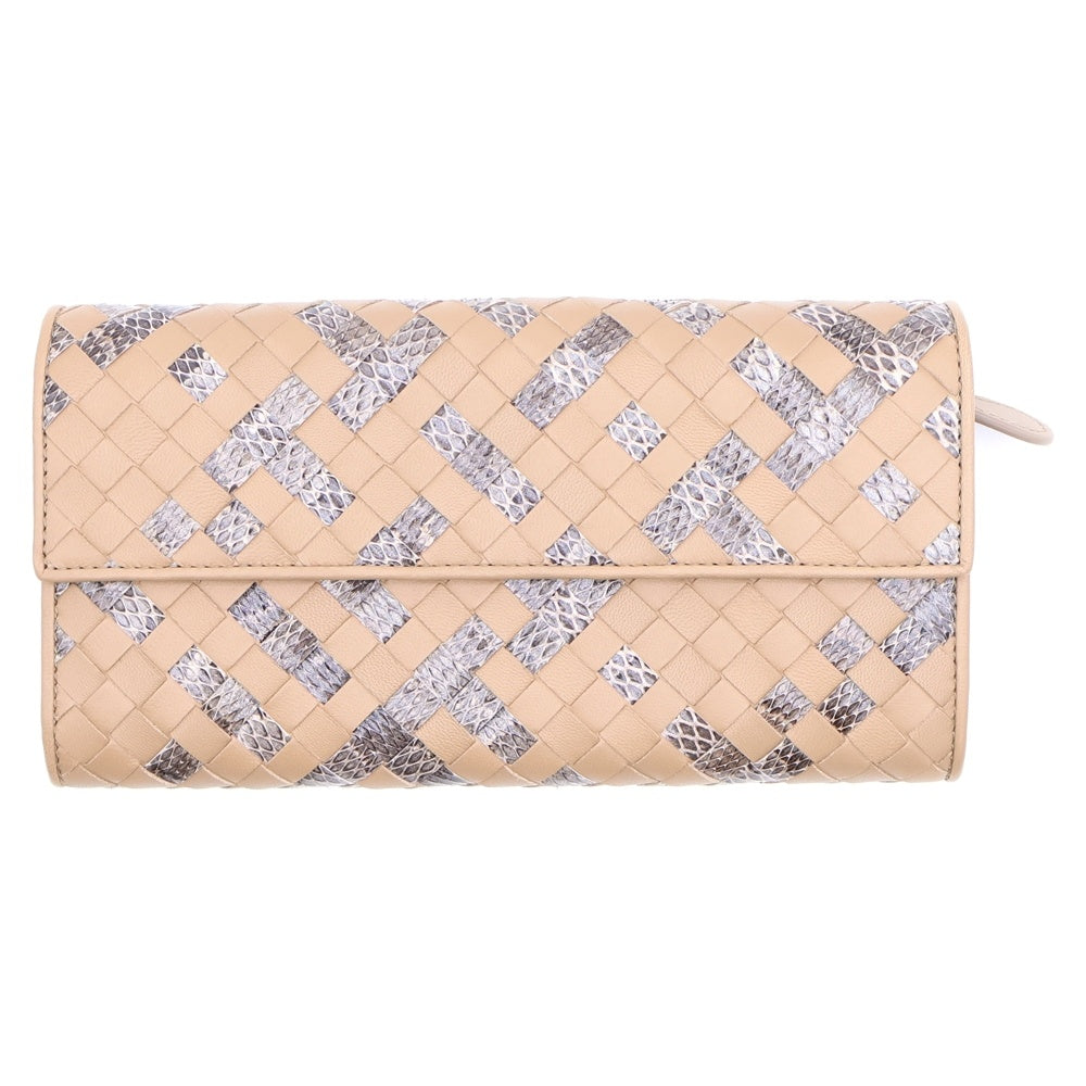 BOTTEGA VENETA(ボッテガヴェネタ) イントレチャート二つ折り長財布 ロングウォレット カードケース ベージュ レザー×パイソン
