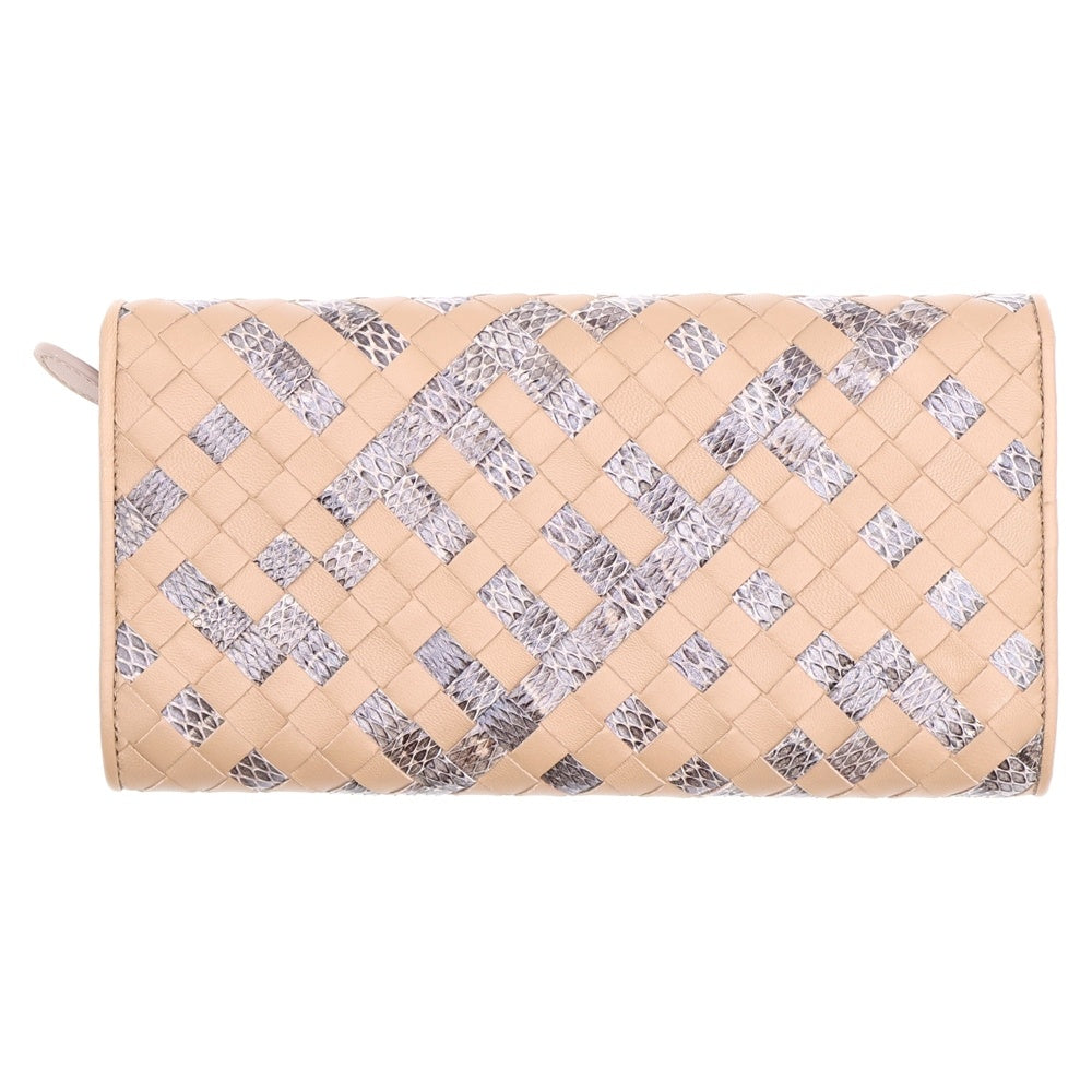 BOTTEGA VENETA(ボッテガヴェネタ) イントレチャート二つ折り長財布 ロングウォレット カードケース ベージュ レザー×パイソン