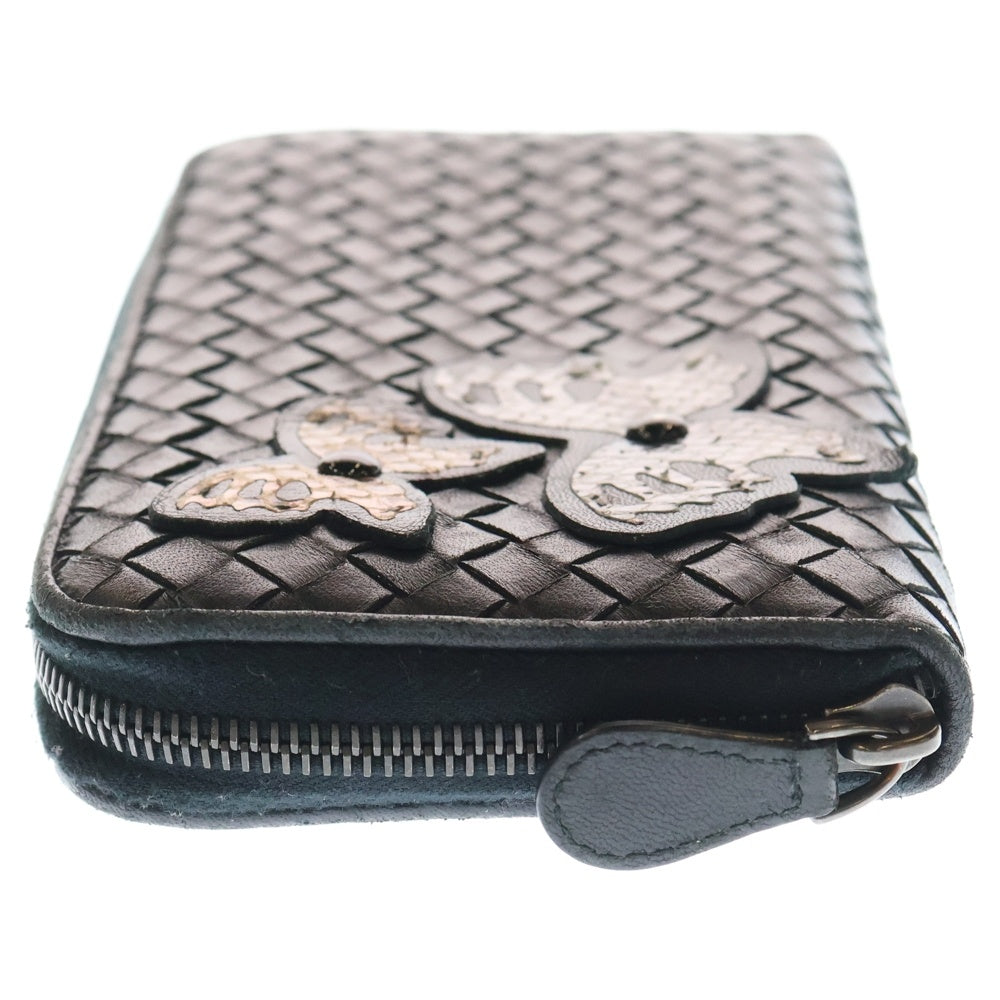 BOTTEGA VENETA(ボッテガヴェネタ) イントレチャート バタフライモチーフ ラウンドファスナー長財布 ロングウォレット ブラック レザー