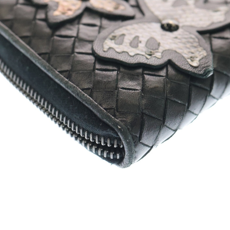 BOTTEGA VENETA(ボッテガヴェネタ) イントレチャート バタフライモチーフ ラウンドファスナー長財布 ロングウォレット ブラック レザー
