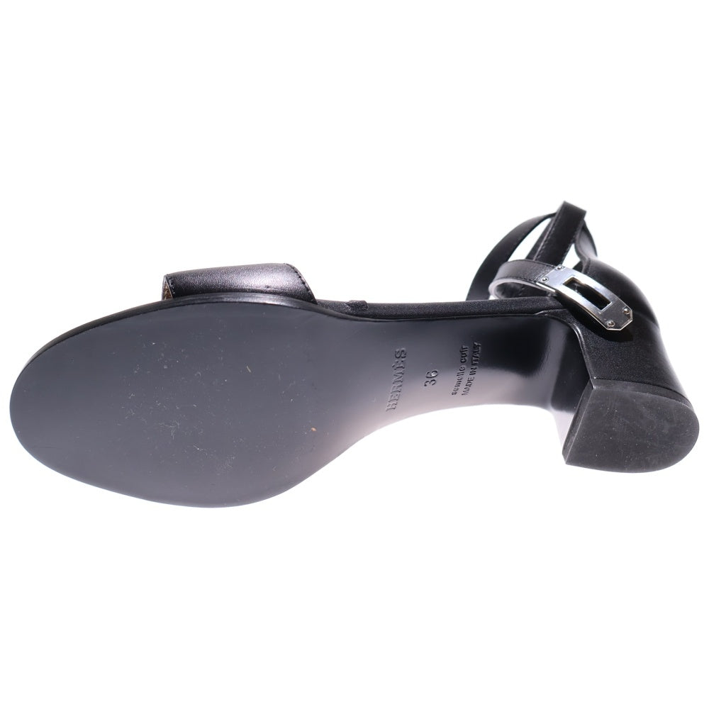 HERMES(エルメス) マネージュ ケリーバックル レザー ヒール ストラップ サンダル シューズ シルバー金具 ブラック レディース