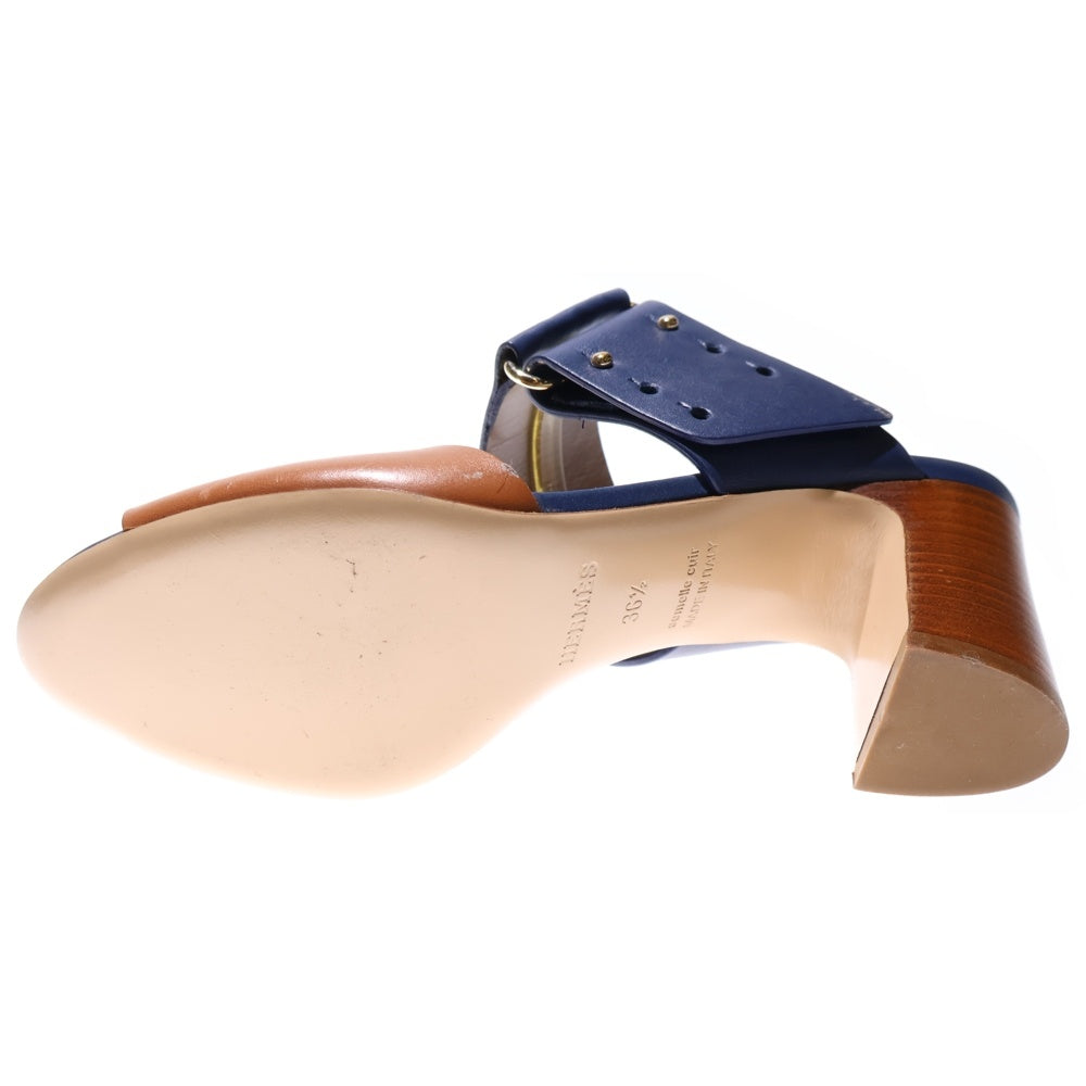 HERMES(エルメス) レザー ベルト バイカラー ヒール サンダル シューズ ネイビー/ブラウン レディース