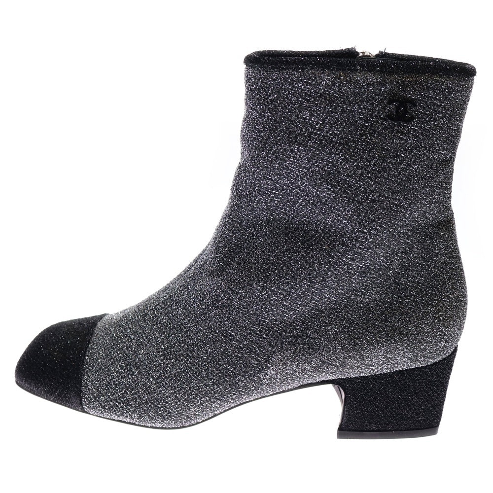 CHANEL(シャネル) ココマーク ロゴプレート ラメ グリッター レザー ヒール サイドジップ ショートブーツ シューズ シルバー/ブラック レディース G33221