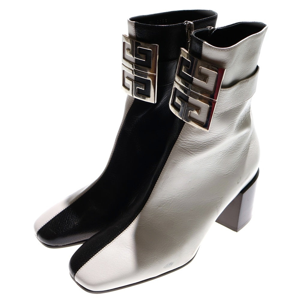 GIVENCHY(ジバンシィ) 4Gロゴプレート ツートン バイカラー モノクローム レザー ヒール サイドジップ ショートブーツ シューズ ブラック/ホワイト レディース