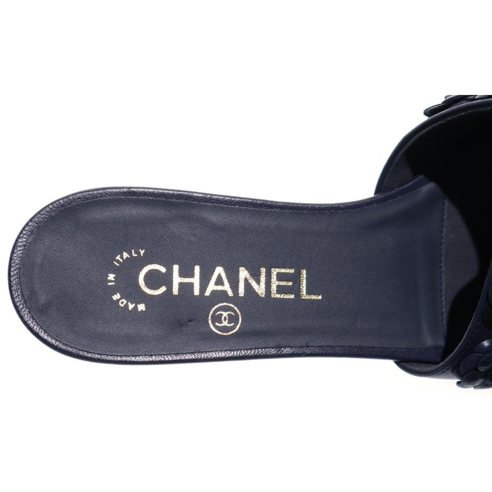 CHANEL(シャネル) ココマーク ロゴプレート カメリア レザー フラットサンダル シューズ ネイビー/ブラック レディース G34386