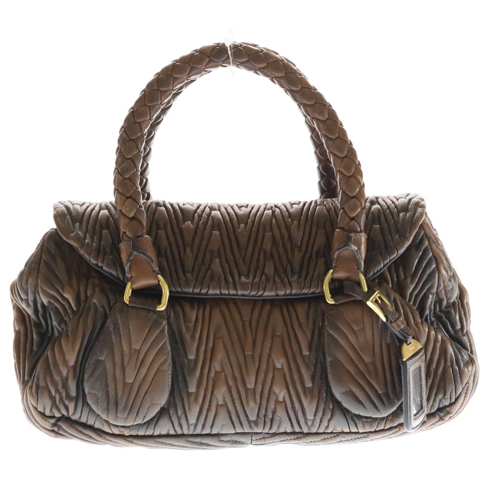 PRADA(プラダ) ロゴ三角プレート キルティング ハンドバック ブラウン レザー ゴールド金具 レディース