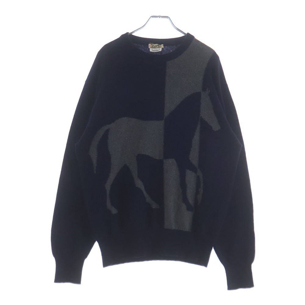 HERMES(エルメス) 馬柄 ジャガード カシミヤ クルーネック プルオーバー 長袖ニット セーター ネイビー/グレー