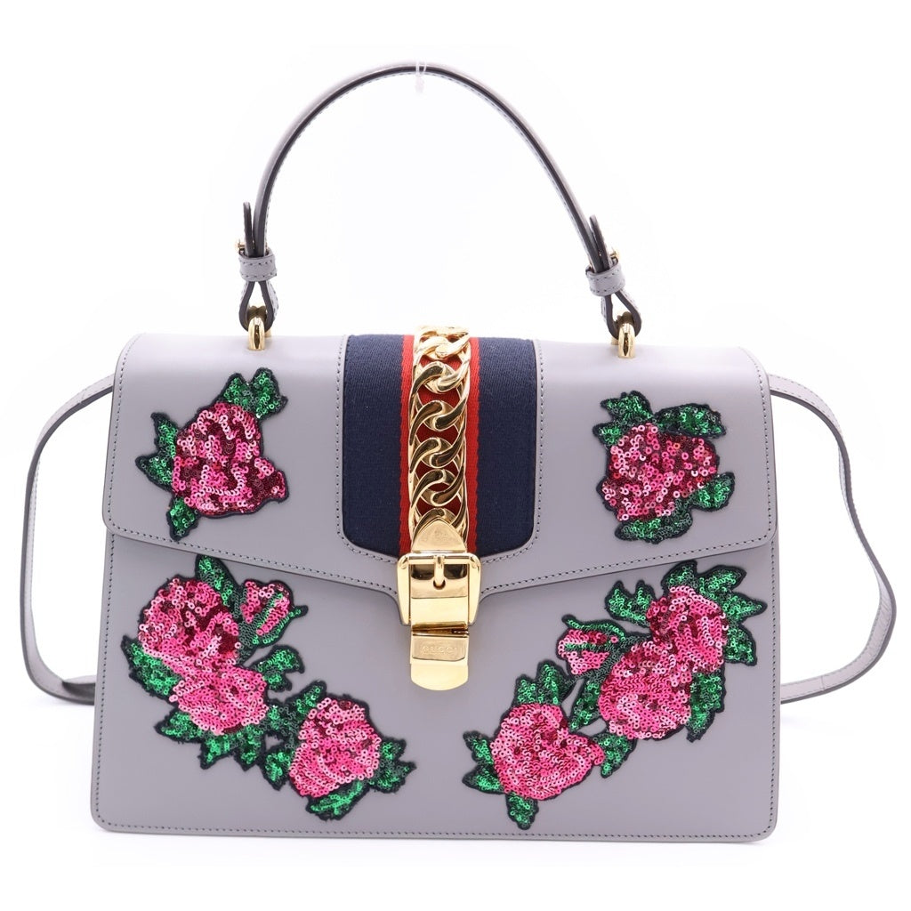 GUCCI(グッチ) シルヴィ ローズ スパンコール 刺繍 シェリーライン レザー 2WAY ハンドバッグ ショルダーバッグ 431665 グレー レディース