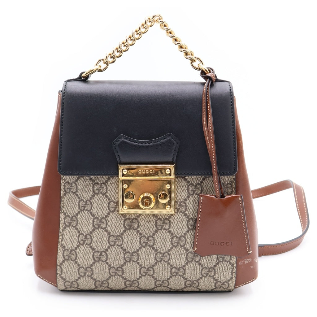 GUCCI(グッチ) GGスプリーム バックパック リュックサック ブラウン×ベージュ×ブラック PVC×レザー 498194 ゴールド金具 レディース
