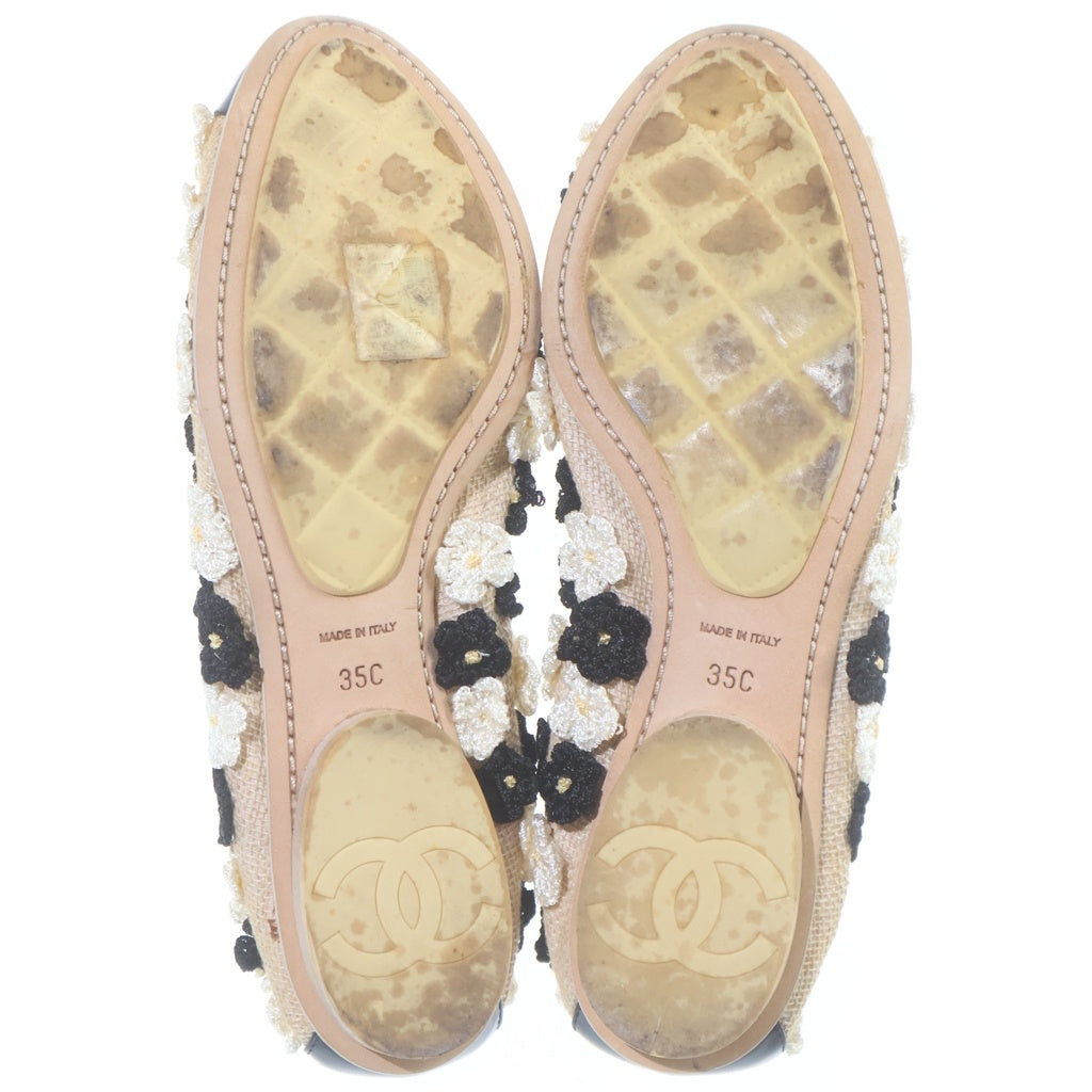 CHANEL(シャネル) カメリア ココマーク バレエ キャンバス パテントレザー フラット シューズ ブラック/ベージュ レディース G27604