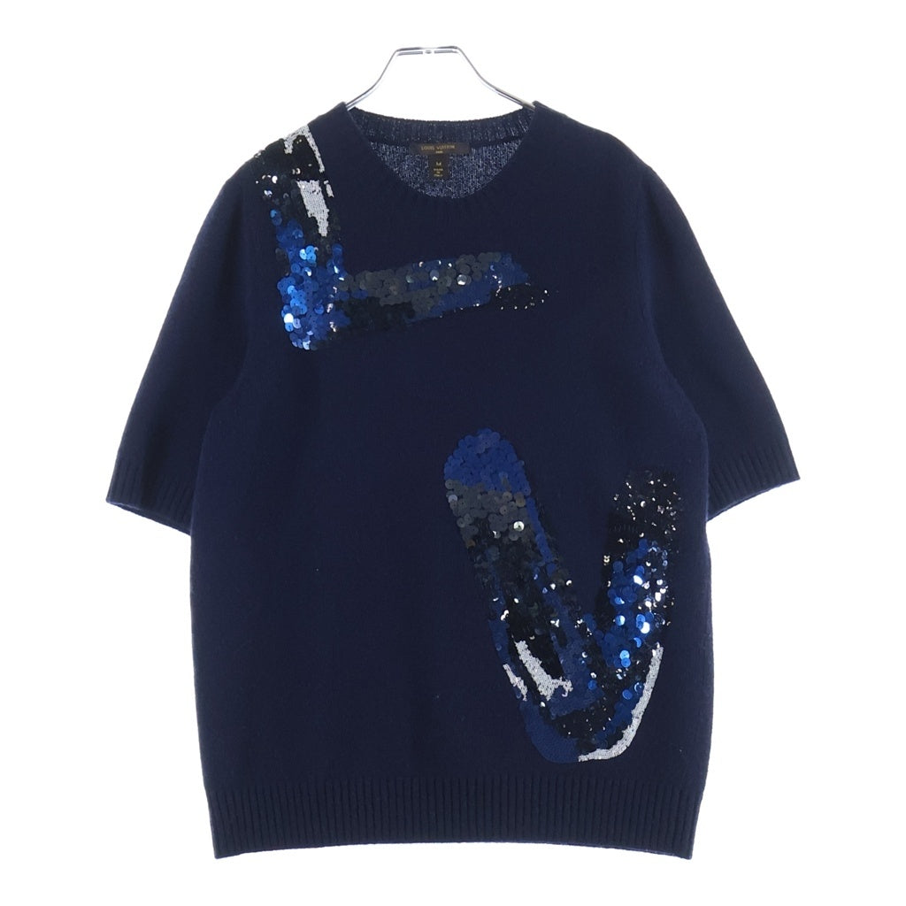 LOUIS VUITTON(ルイヴィトン) LVロゴ スパンコール半袖ニット ネイビー #M RW142A F6KM8OGG レディース