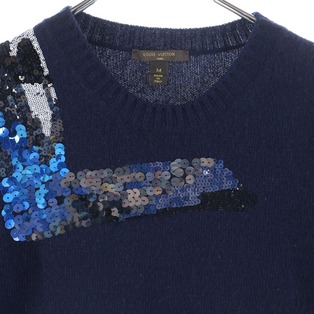 LOUIS VUITTON(ルイヴィトン) LVロゴ スパンコール半袖ニット ネイビー #M RW142A F6KM8OGG レディース