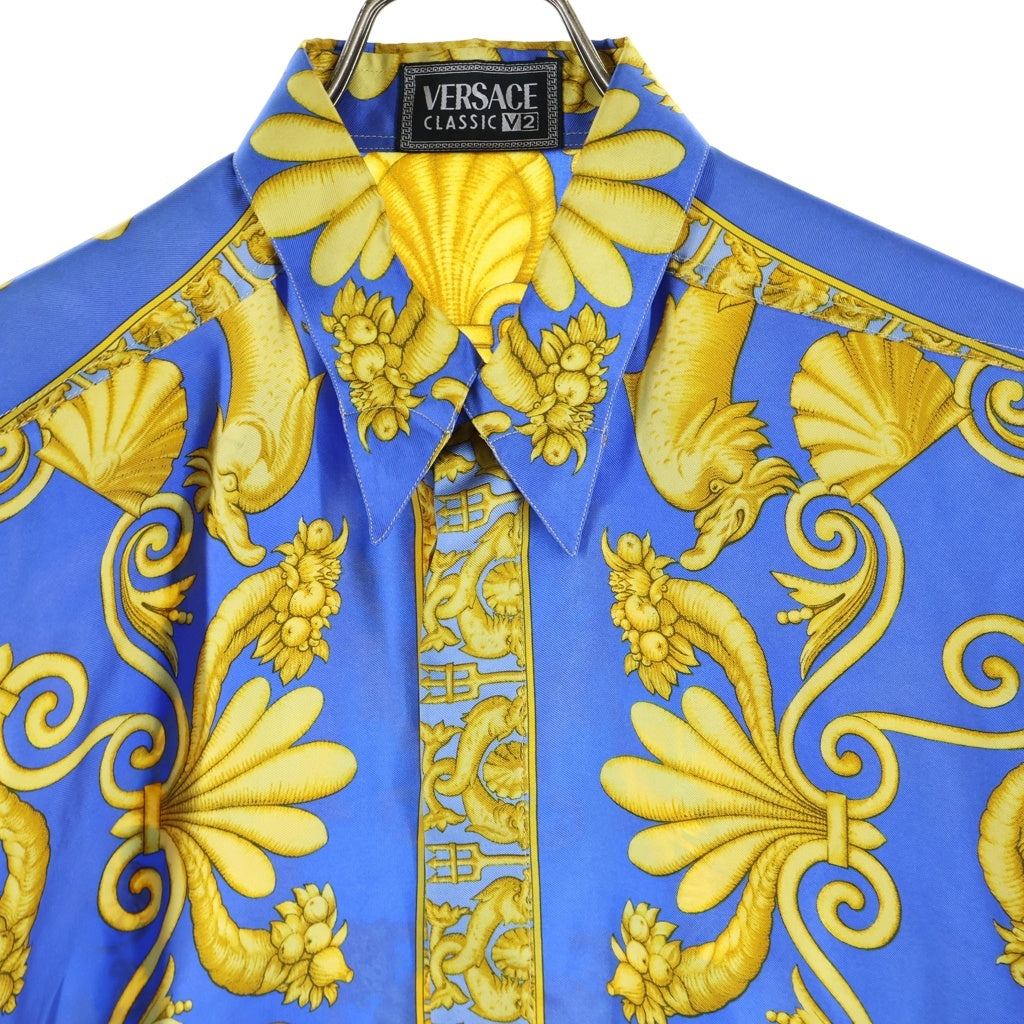VERSACE(ヴェルサーチ) バロック総柄プリント シルク 長袖シャツ ブルー/イエロー