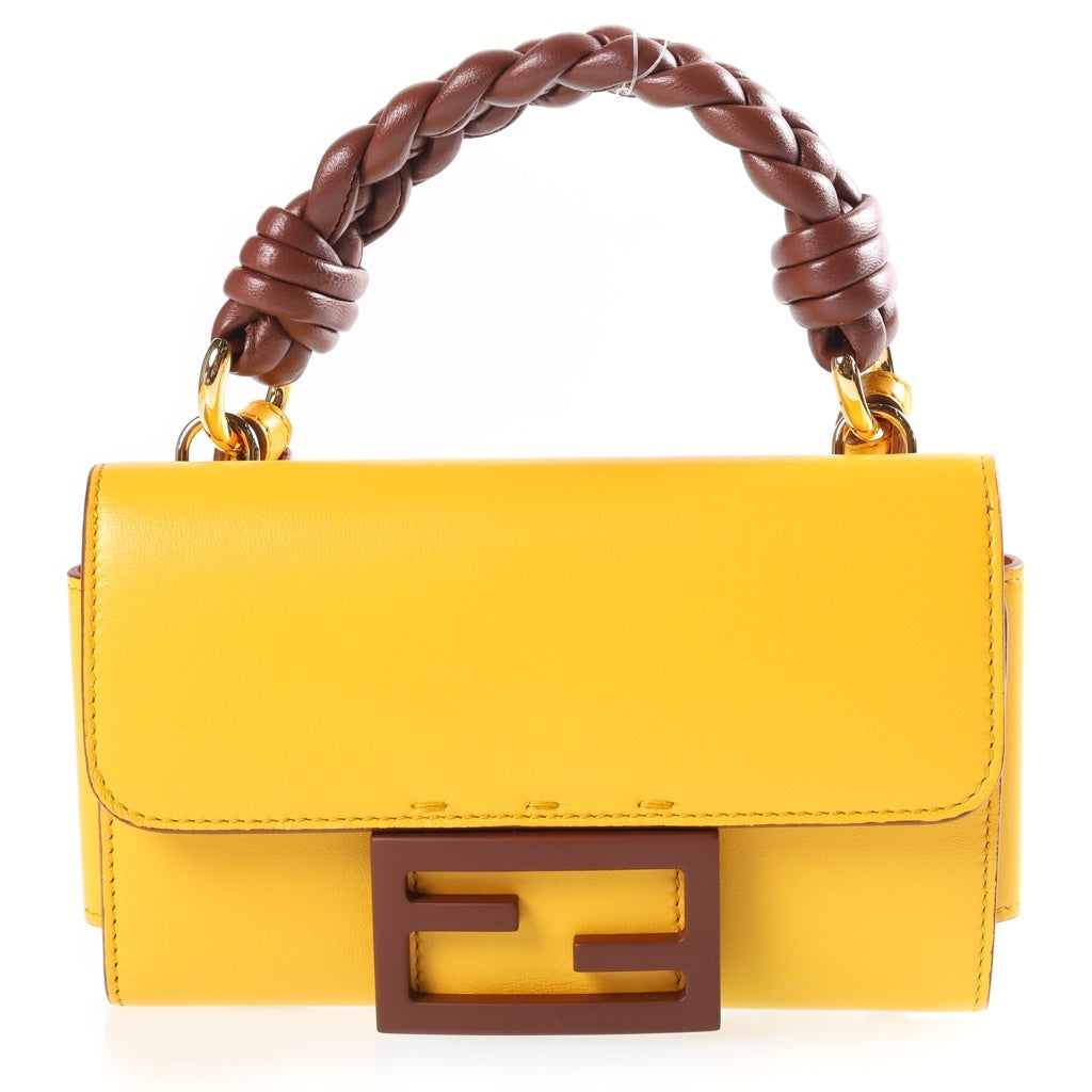 FENDI(フェンディ) バゲット フォンポーチ ミニハンドバッグ イエロー×ブラウン レザー 7AS007 ゴールド金具 レディース