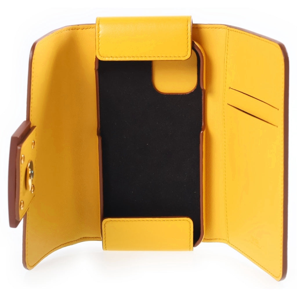 FENDI(フェンディ) バゲット フォンポーチ ミニハンドバッグ イエロー×ブラウン レザー 7AS007 ゴールド金具 レディース