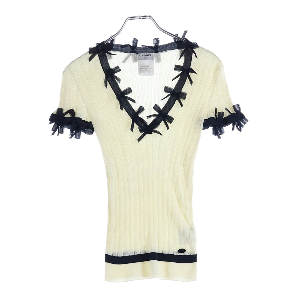 CHANEL(シャネル) 06P リボンモチーフ 半袖 ニット トップス Vネック コットン ホワイト/ネイビー P28034 レディース