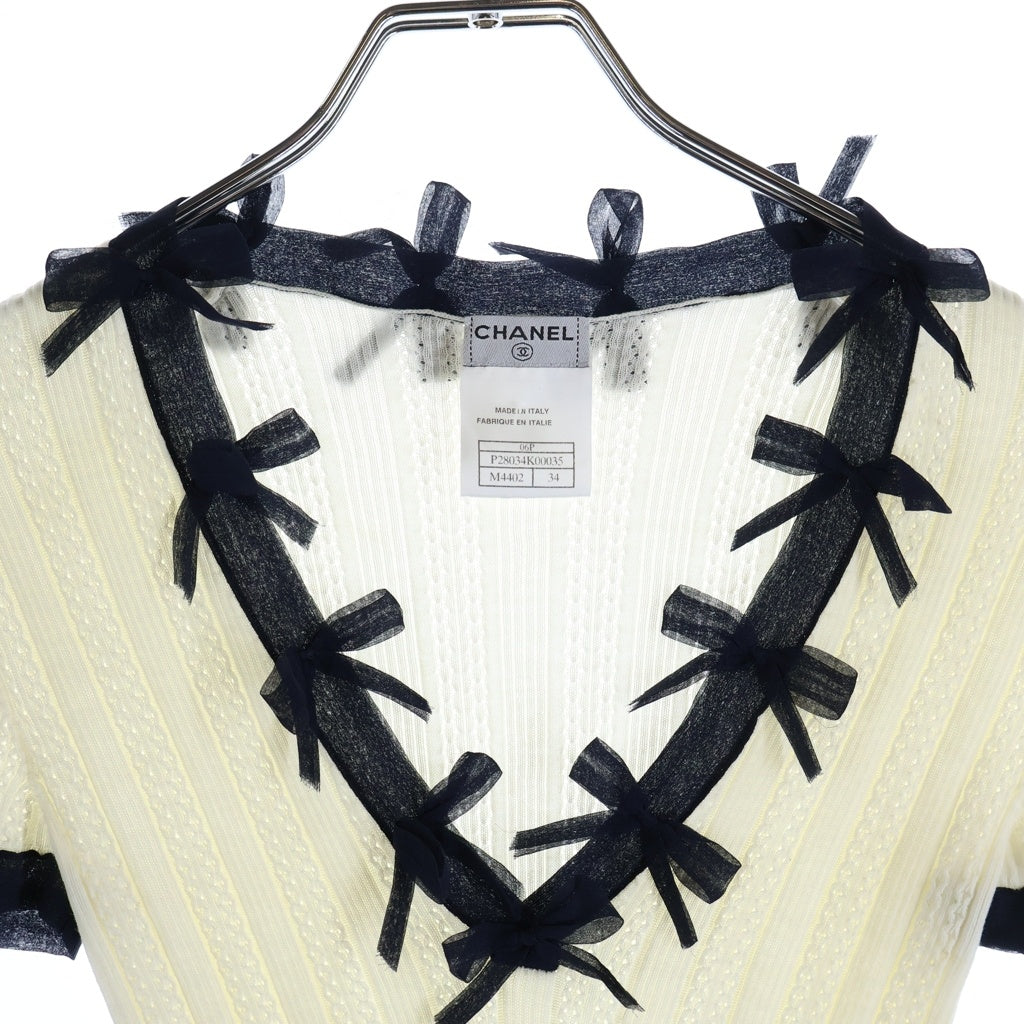 CHANEL(シャネル) 06P リボンモチーフ 半袖 ニット トップス Vネック コットン ホワイト/ネイビー P28034 レディース