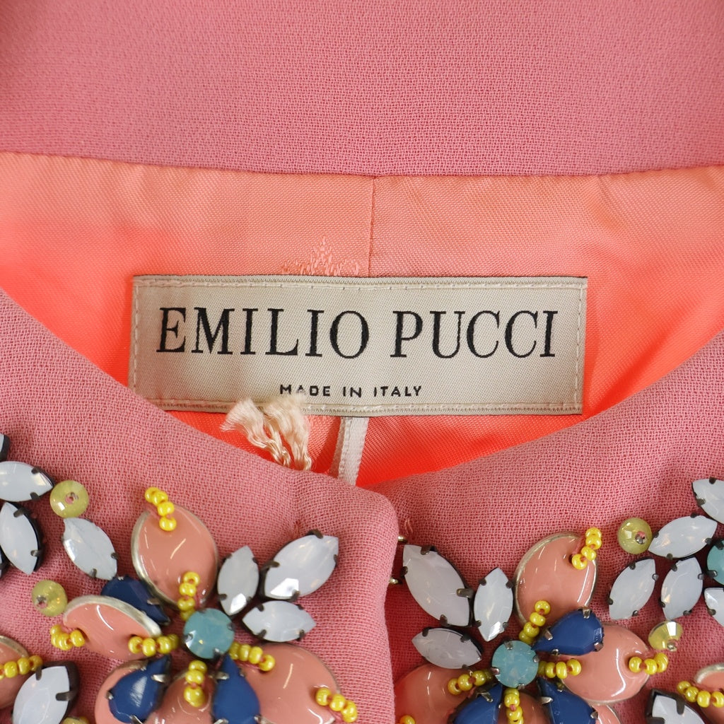 EMILIO PUCCI(エミリオプッチ) 襟花装飾 ノーカラージャケット フック ピンク 51RB60 レディース