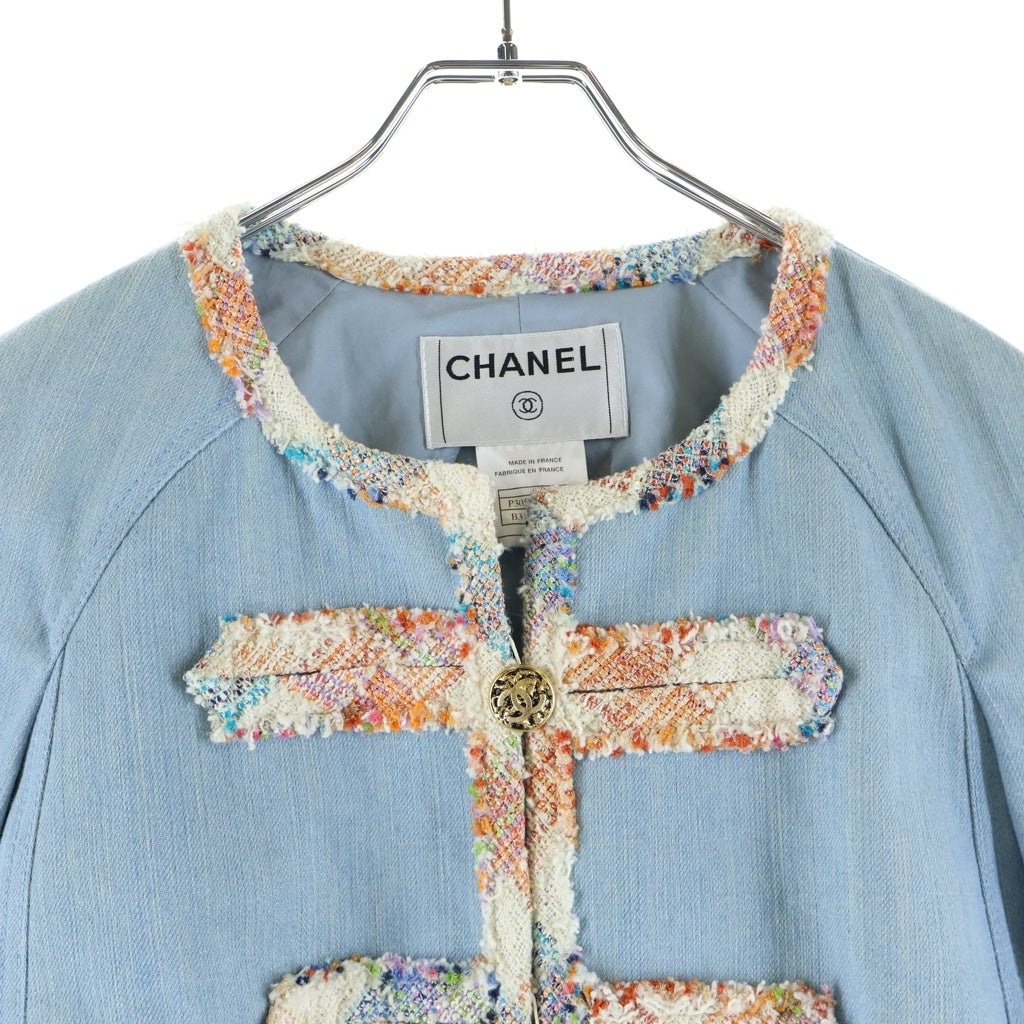 CHANEL(シャネル) ココボタン ツイードノーカラー七分袖デニムジャケット ブルー P30562W03874 レディース