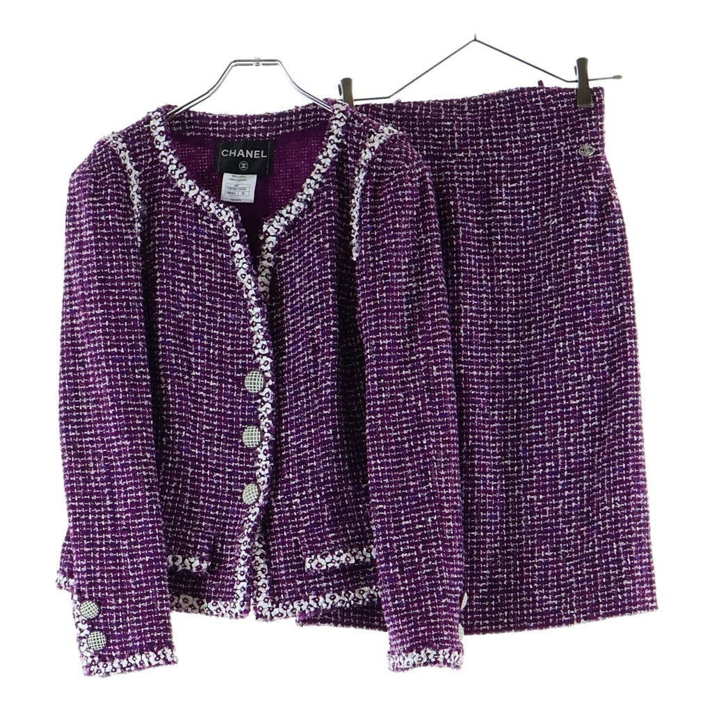 CHANEL(シャネル) ノーカラー ジャケット アウター スカート セットアップ 09P ツイード パープル レディース