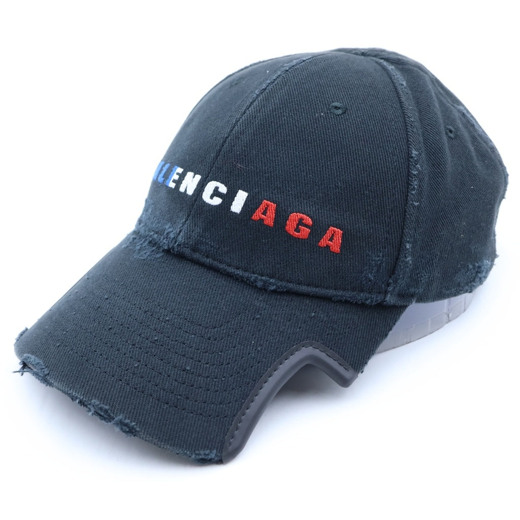 BALENCIAGA(バレンシアガ) ベースボール キャップ 帽子 カットアウト ロゴ刺繍 ダメージ加工 ブラック 829481