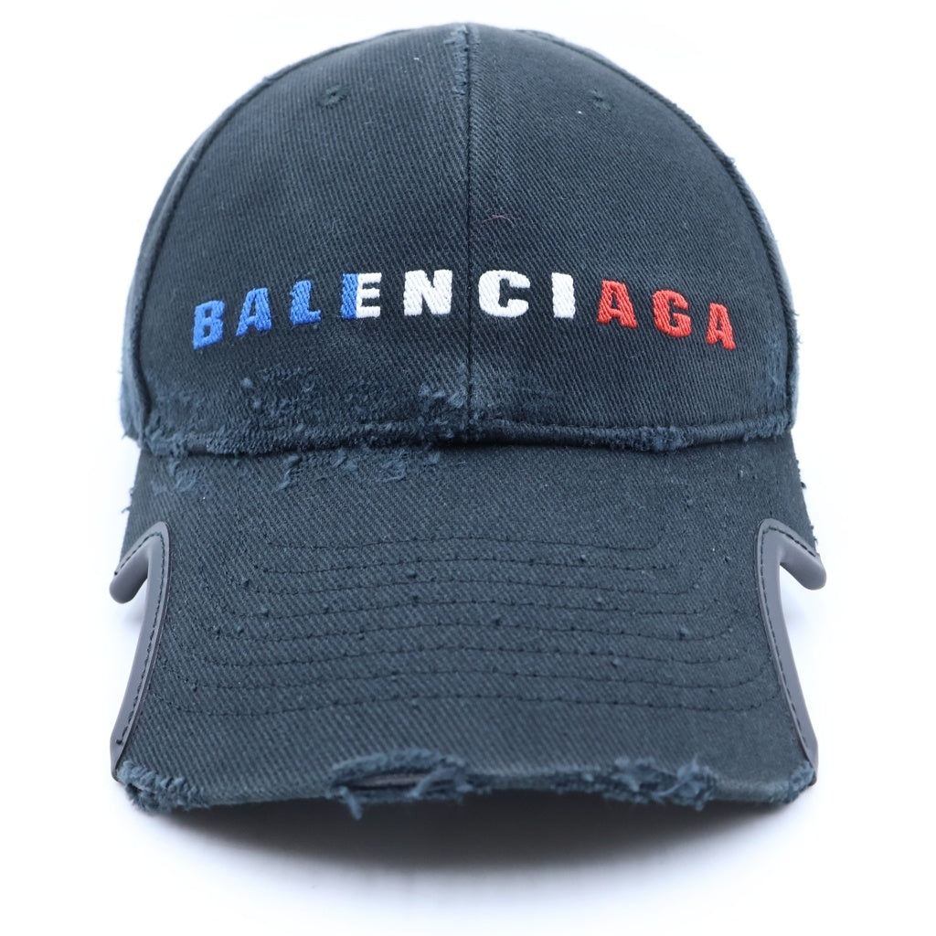 BALENCIAGA(バレンシアガ) ベースボール キャップ 帽子 カットアウト ロゴ刺繍 ダメージ加工 ブラック 829481