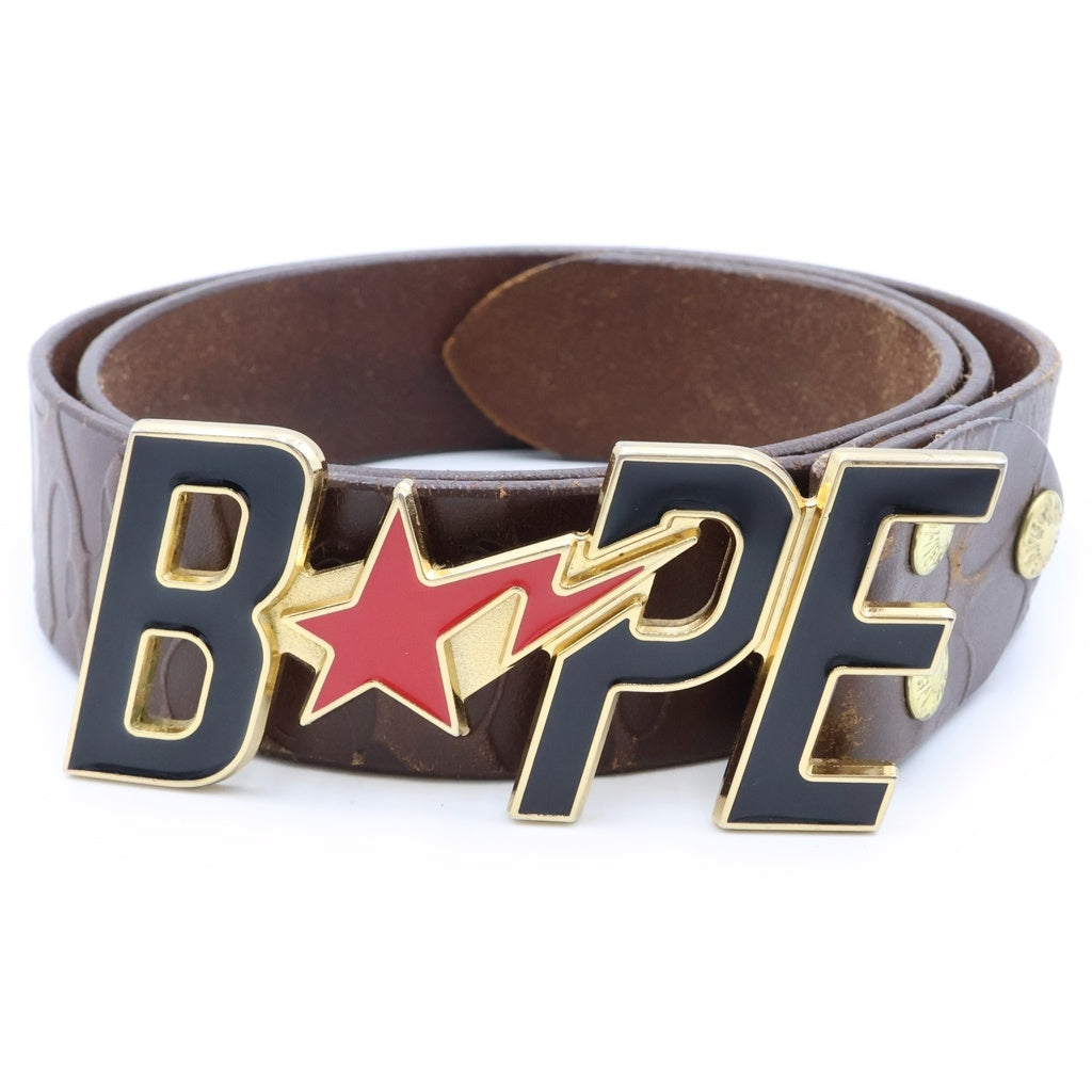 A BATHING APE(アベイシングエイプ) ロゴバックル レザーベルト ブラウン