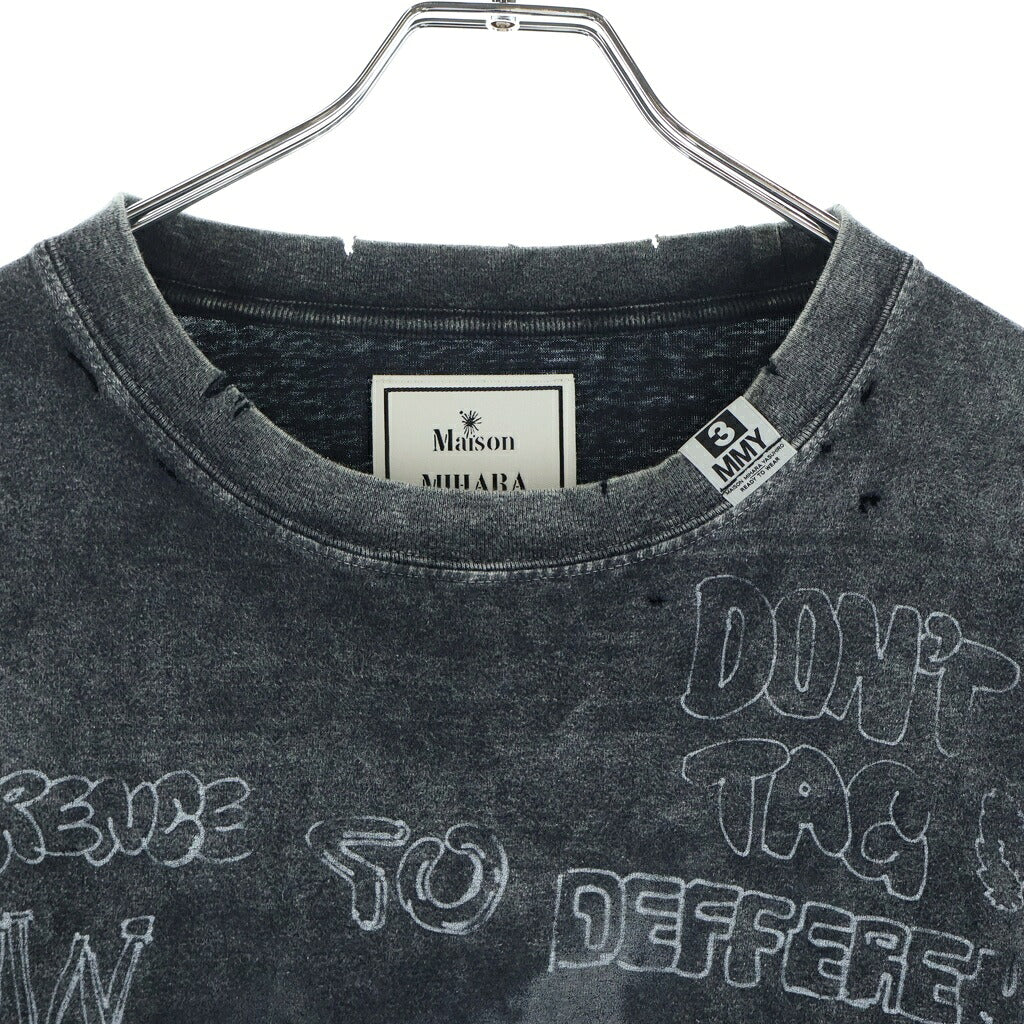 MAISON MIHARAYASUHIRO(メゾンミハラヤスヒロ) 24AW DISTRESSED CAT PRINT T-SHIRT ブリーチ加工 キャットプリント クルーネック 半袖Tシャツ カットソー グレー A13TS611