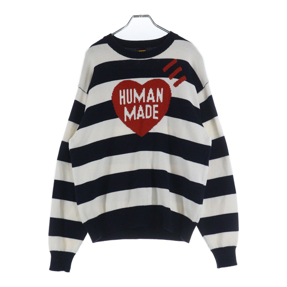 HUMAN MADE(ヒューマンメイド) Striped Heart Knit Sweater ボーダー柄 ハートロゴ クルーネックニットセーター ネイビー/ホワイト