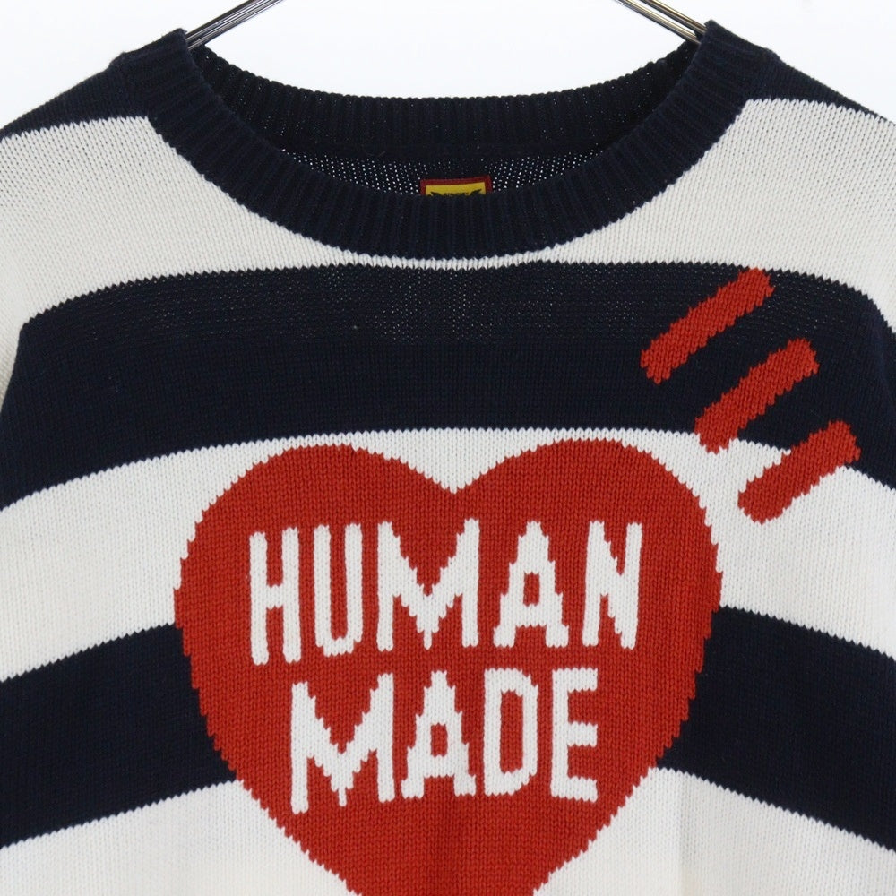 HUMAN MADE(ヒューマンメイド) Striped Heart Knit Sweater ボーダー柄 ハートロゴ クルーネックニットセーター ネイビー/ホワイト