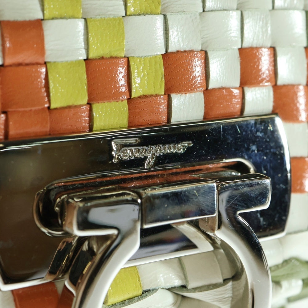 Salvatore Ferragamo(サルヴァトーレ フェラガモ) ガンチーニ イントレチャート レザー ハンドバッグ シルバー金具 マルチカラー ホワイト/オレンジ DO-217228