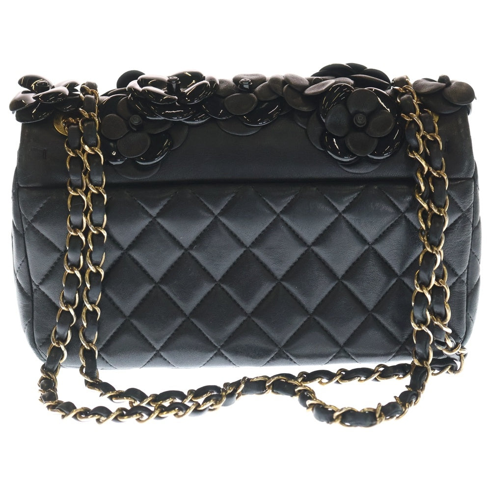 CHANEL(シャネル) マトラッセ25 カメリア Wチェーン Sフラップ 黒 ラムスキン GD金具 20983716 Gカード レディース