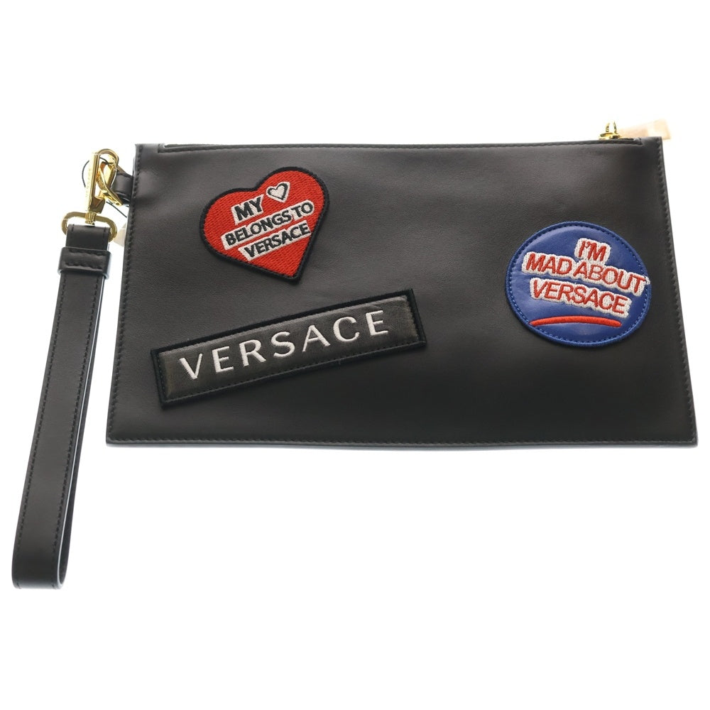 VERSACE(ヴェルサーチ) クラッチバッグ ワッペン ロゴ ブラック レザー