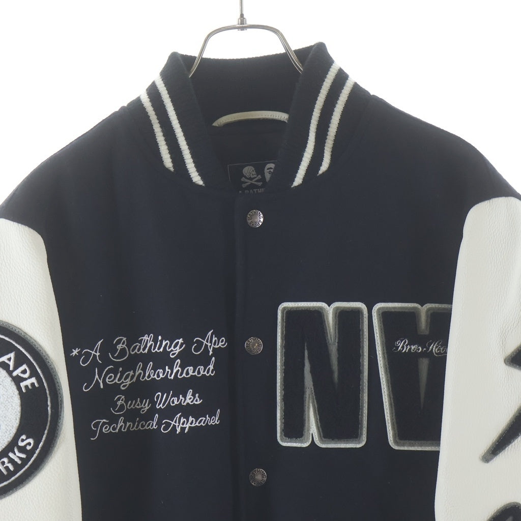 A BATHING APE(アベイシングエイプ) ×NEIGHBORHOOD ネイバーフッド 50着限定 019シリアル入り レザーアームスタジアムジャケット ホワイト/ブラック 001HJJ211901C