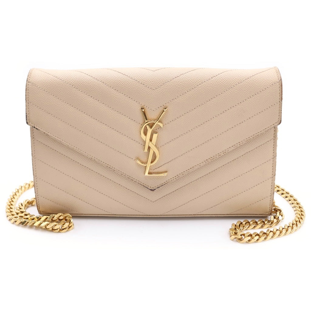 SAINT LAURENT PARIS(サンローランパリ) カサンドラ クラシック チェーンショルダーバッグ ウォレット ベージュ レザー 377828 ゴールド金具 レディース