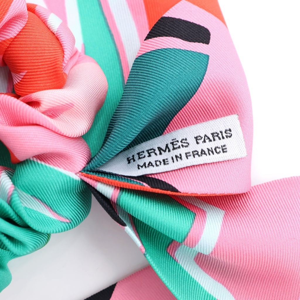 HERMES(エルメス) シュシュベッラ 総柄プリント シルク ヘアゴム アクセサリー ピンク/グリーン 箱 レディース