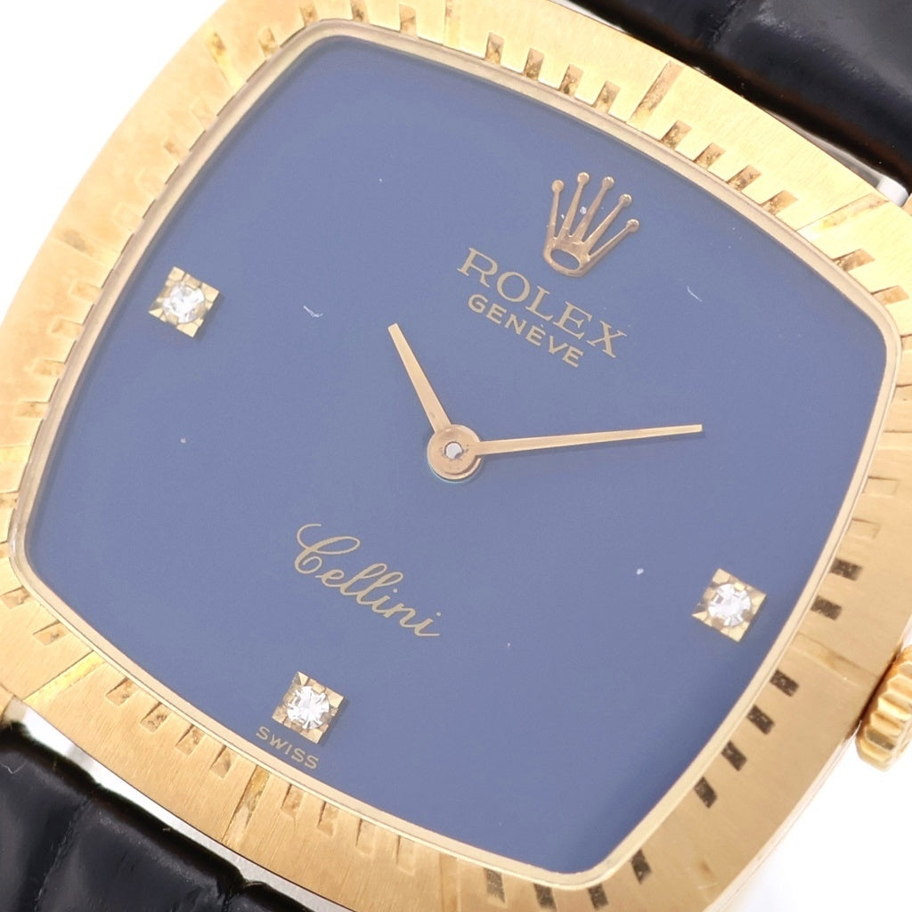 ROLEX(ロレックス) チェリーニ 青文字盤 3Pダイヤ YG×レザー/手巻き 4084 腕時計