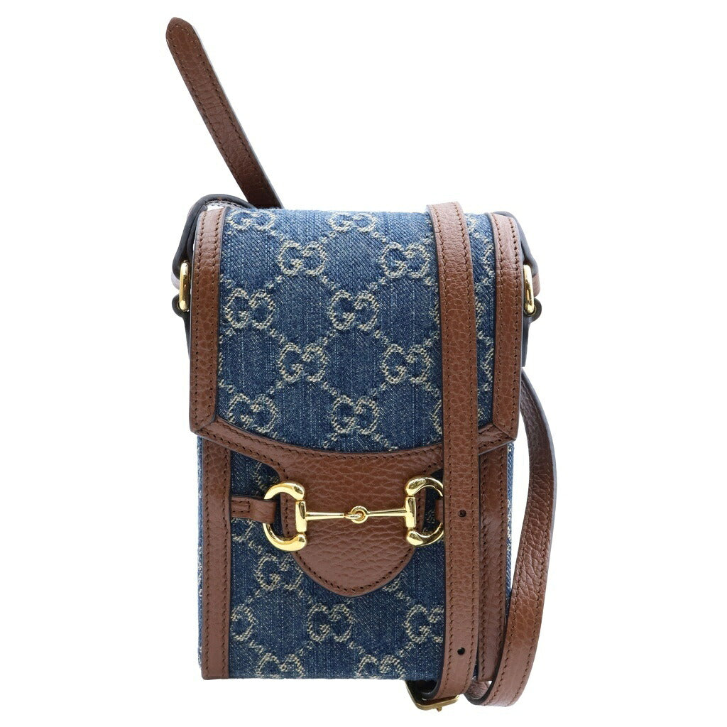 GUCCI(グッチ) GGデニム ホースビットショルダーバッグ ブラウン×ブルー デニム×レザー 625615