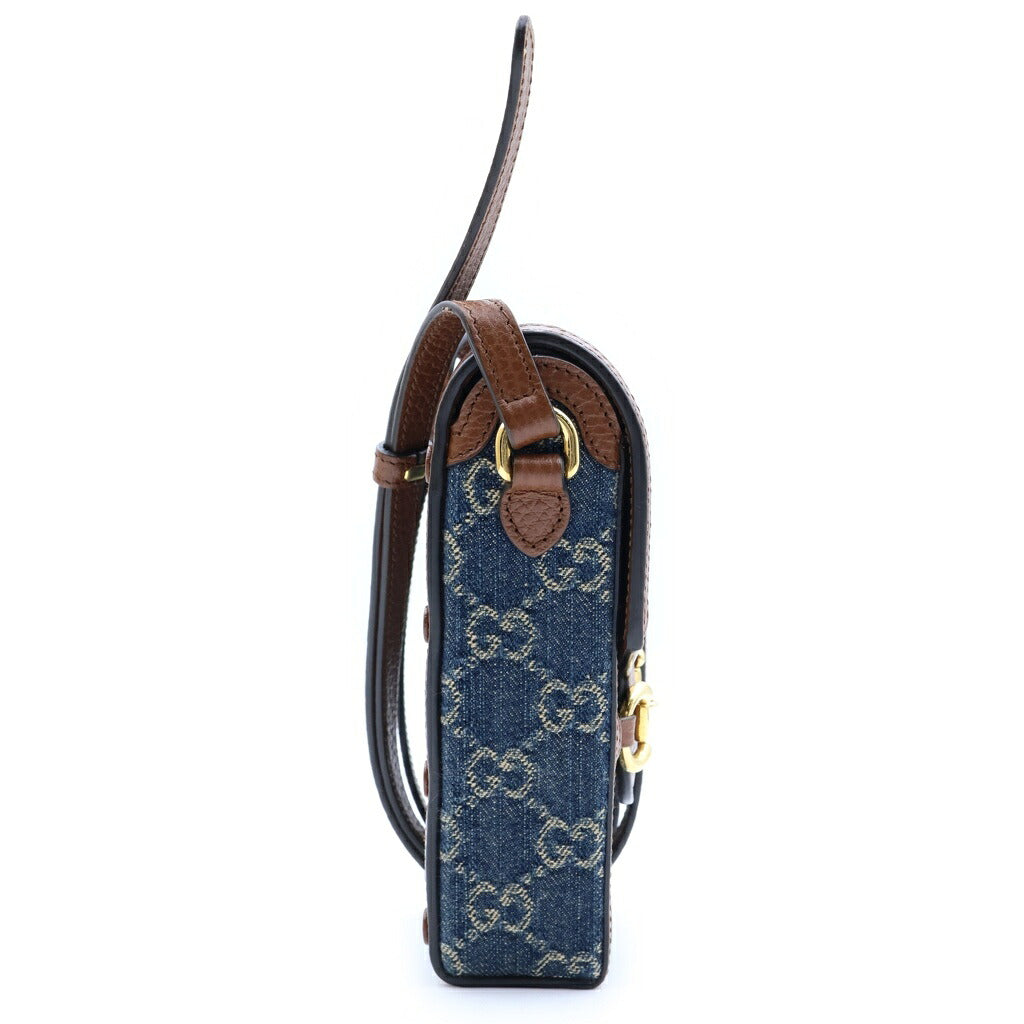 GUCCI(グッチ) GGデニム ホースビットショルダーバッグ ブラウン×ブルー デニム×レザー 625615