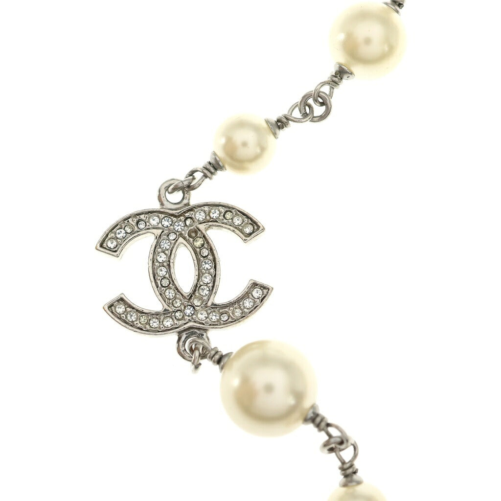 CHANEL(シャネル) ココマーク パール ロングネックレス メタル シルバー×ホワイト ラインストーン 豆あり A11A
